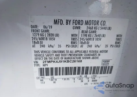 2019 Ford Edge Sel из США, поврежденный, VIN 2FMPK4J91KBC26168